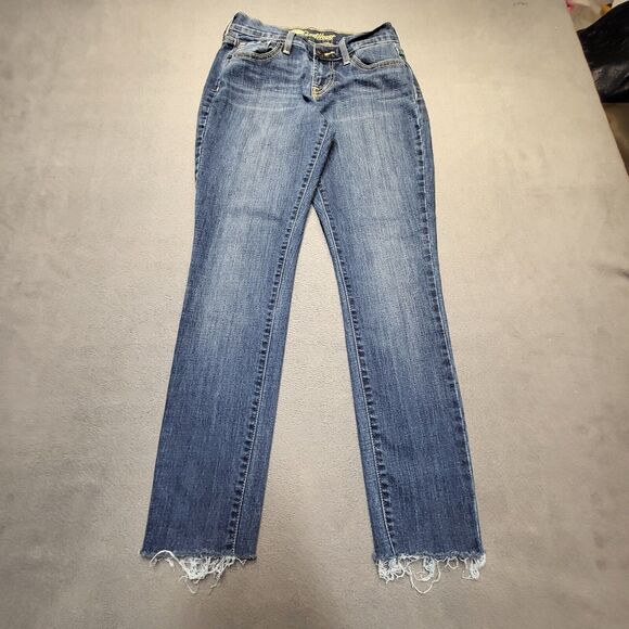 Old Navy Jeans Womans 0 Blue Sweetheart Straight Leg Distressed Stretch Raw Hem - Picture 1 of 10